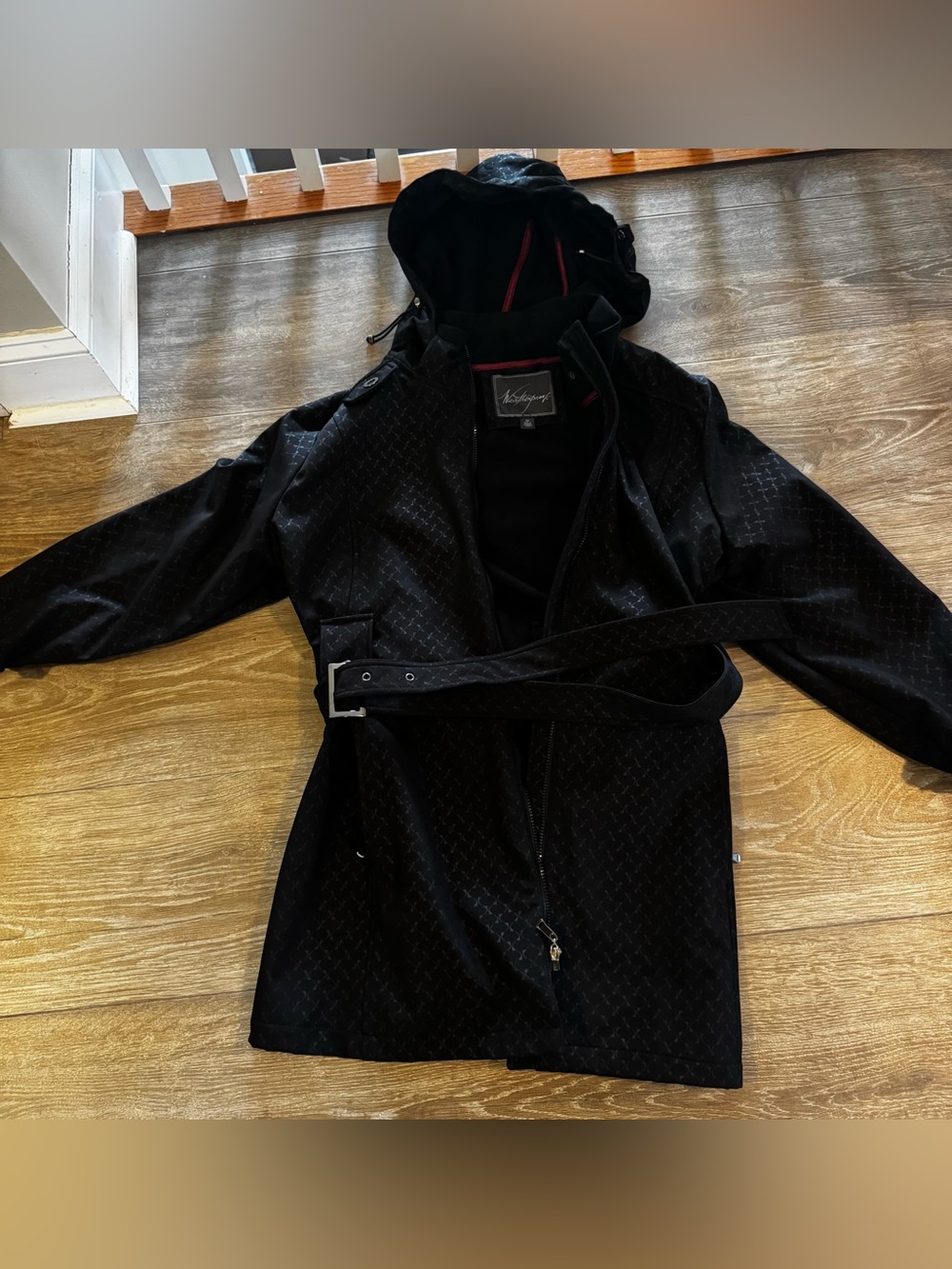 Weatherproof Women's Black Hooded Belted Rain Coat